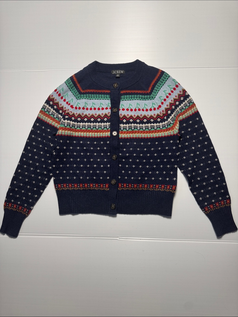 J. CREW Cherry Flower Fair Isle Button-Front Cardigan Navy Multicolor Yoke XS